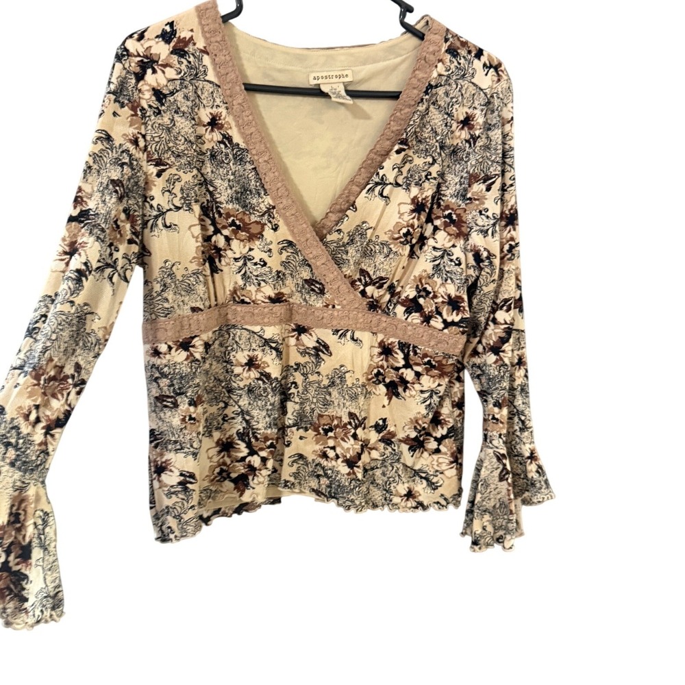 Apostrophe Vintage Y2k Floral‎ Mesh Top Brown Lace Fairy Whimsical Bell Sleeve L